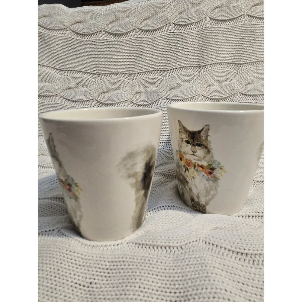 Pier 1 Cat Coffee Mugs Set of 2 Floral Long Hair Kitten Ceramic Cups Cute EUC